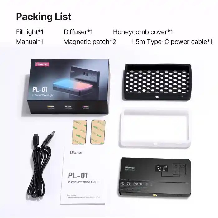 Ulanzi LT002 7" LED Video Light RGB Photography Light 2500k-9000k CRI95 + TLCI95 + Adjustable Color Temperature 360 ° Full Color Ultra Bright 4000mAh Type-C